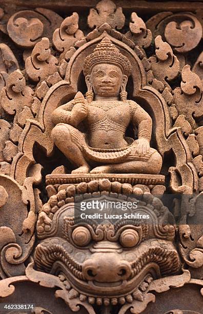 October 05: A carving of a kala, a mythical creature representative of time and of the god Shiva, is engraved on Banteay Srei temple on October 5,...