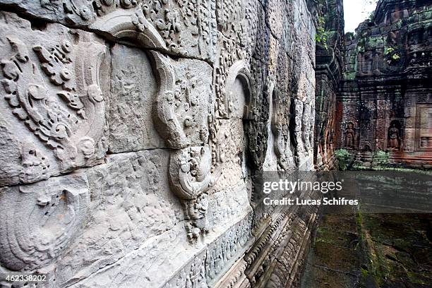 October 07: Reliefs have been looted in Preah Khan temple on October 7, 2009 in Angkor, Cambodia. Preah Khan is a temple built in the 12th century...