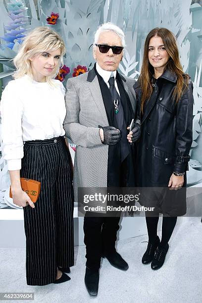 Cecile Cassel, Fashion Designer Karl Lagerfeld and Joana Preiss pose after the Chanel show as part of Paris Fashion Week Haute Couture Spring/Summer...