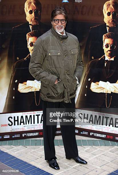Actor Amitabh Bachchan attends a photocall for "Shamitabh" at St James Court Hotel on January 27, 2015 in London, England.