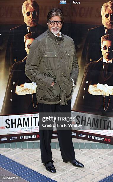 Actor Amitabh Bachchan attends a photocall for "Shamitabh" at St James Court Hotel on January 27, 2015 in London, England.