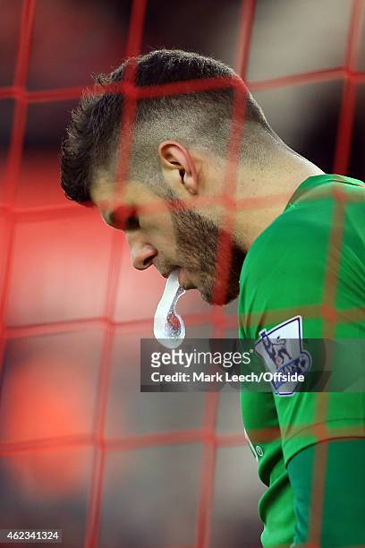 Southampton goalkeeper, Fraser Forster spits water during the FA Cup Fourth Round match between Southampton and Crystal Palace at St Mary's Stadium...