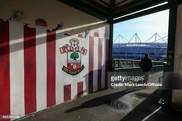 General view of St Mary's stadium from the adjacent footbridge covered in graffiti during the FA Cup Fourth Round match between Southampton and...