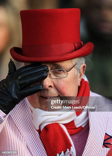 Southampton fan wearing a red bowler hat and pink pinstripe suit during the FA Cup Fourth Round match between Southampton and Crystal Palace at St...