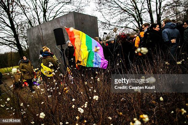 Participant of a memorial event holds a rainbow flag at a ceremony at the memorial to the homosexuals persecuted by the Nazis on January 27, 2015 in...