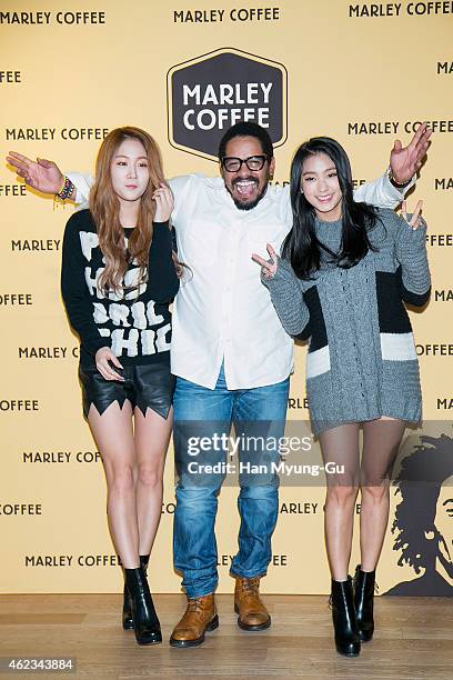 Soyou and Bora of South Korean girl group SISTAR and Entrepreneur Rohan Marley attend the photo call for Korean launch of "Marley Coffee" at Marley...