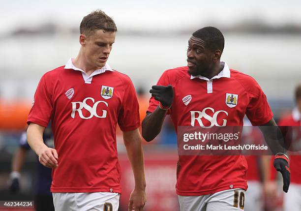 City strikers Matt Smith and Jay Emmanuel-Thomas during the FA Cup Fourth Round match between Bristol City and West Ham United at Ashton Gate on...