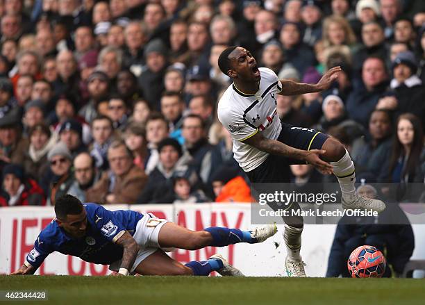 Danny Rose of Tottenham is tackled by Danny Simpson of Leicester during the FA Cup Fourth Round match between Tottenham Hotspur and Leicester City at...