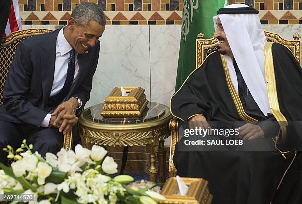 Saudi new King Salman meets with US President Barack Obama at the Erga Palace in the capital Riyadh on January 27, 2015. Obama is in Saudi Arabia to...