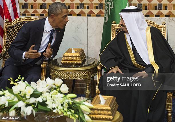 Saudi new King Salman meets with US President Barack Obama at the Erga Palace in the capital Riyadh on January 27, 2015. Obama is in Saudi Arabia to...