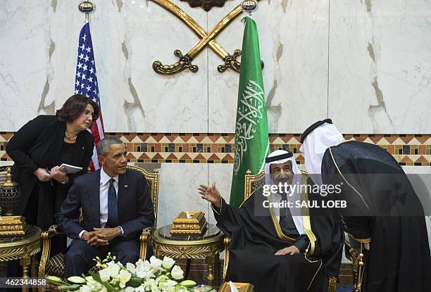 Saudi new King Salman meets with US President Barack Obama at the Erga Palace in the capital Riyadh on January 27, 2015. Obama is in Saudi Arabia to...