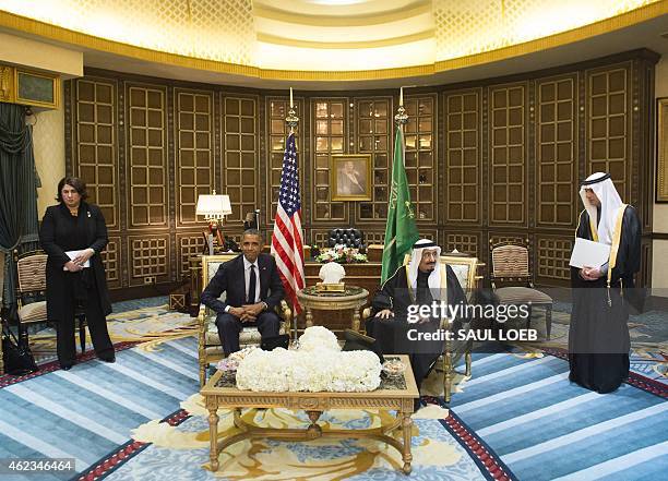 Saudi's newly appointed King Salman meets with US President Barack Obama at Erga Palace in Riyadh on January 27, 2015. Obama landed in Saudi Arabia...