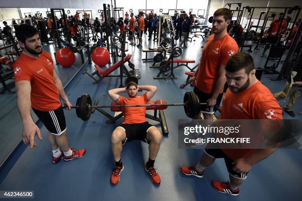 France's lock Pascal Pape takes part in an indoor training session on January 27, 2015 in Canet-en-Roussillon as part of the preparation of the Six...
