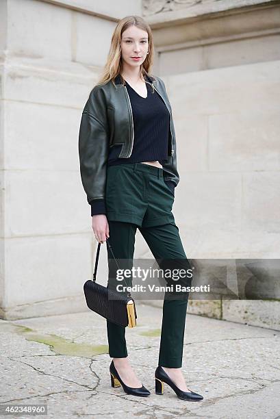 Darya Kireitseva poses wearing Jean Paul Gautier total look and Chloe shoes during day 3 of Paris Haute Couture Spring Summer 2015 on January 27,...