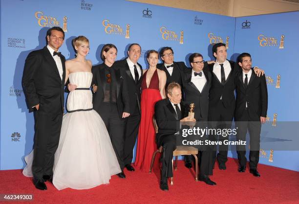 Cast and producers of 'American Hustle,' winners of Best Motion Picture - Musical or Comedy for 'American Hustle,' pose in the press room during the...