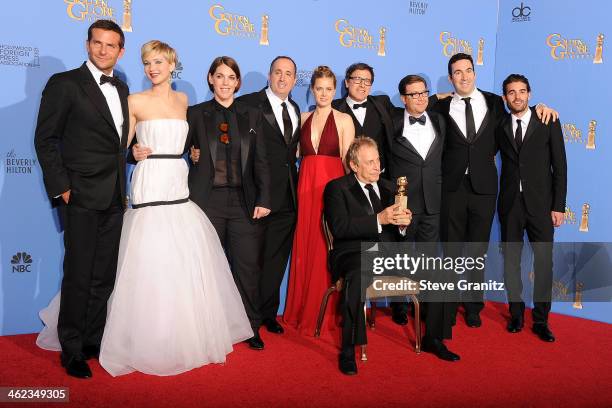 Cast and producers of 'American Hustle,' winners of Best Motion Picture - Musical or Comedy for 'American Hustle,' pose in the press room during the...