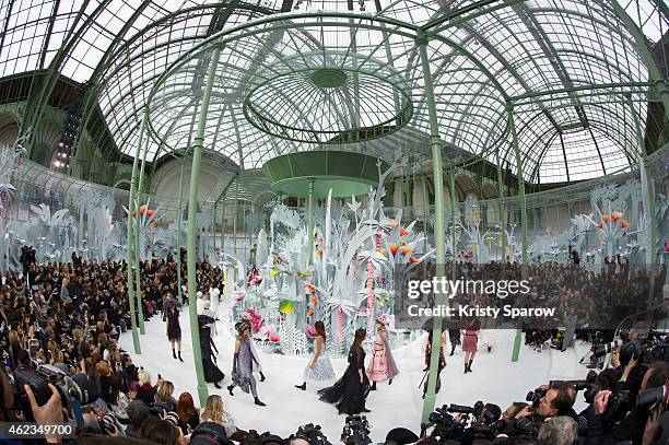 Models walk the runway during the Chanel show as part of Paris Fashion Week Haute Couture Spring/Summer 2015 at the Grand Palais on January 27, 2015...