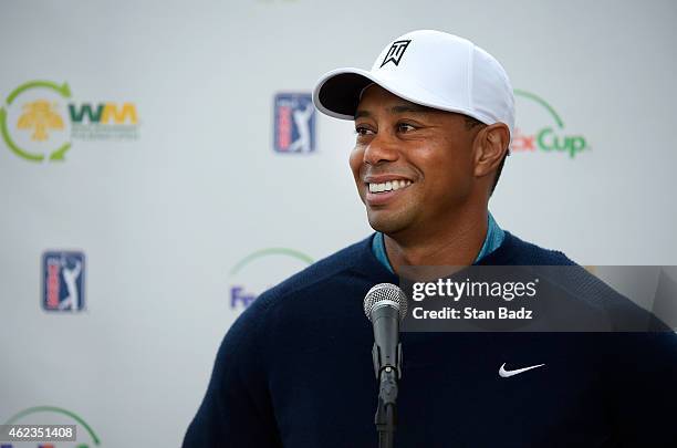 Tiger Woods chats with the media during a press conference at the Waste Management Phoenix Open, at TPC Scottsdale on January 27, 2015 in Scottsdale,...