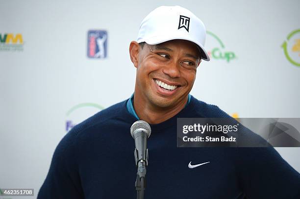 Tiger Woods chats with the media during a press conference at the Waste Management Phoenix Open, at TPC Scottsdale on January 27, 2015 in Scottsdale,...