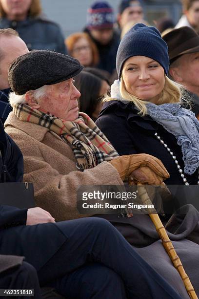 The last living survivor of the Norwegian Jews who were deported to Auschwitz Samuel Steinmann and Crown Princess Mette-Marit of Norway attend...