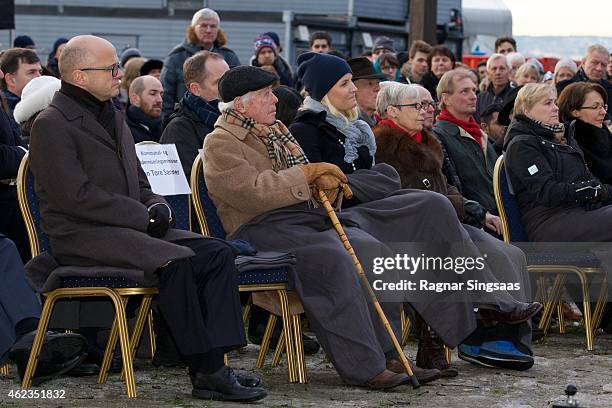 The last living survivor of the Norwegian Jews who were deported to Auschwitz Samuel Steinmann and Crown Princess Mette-Marit of Norway attend...