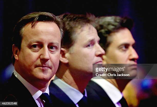 Prime Minister David Cameron, British Deputy Prime Minister Nick Clegg and Leader of the Labour Party, Ed Miliband attend a Holocaust Memorial Day...