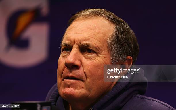 Head coach Bill Belichick of the New England Patriots addresses the media at Super Bowl XLIX Media Day Fueled by Gatorade inside U.S. Airways Center...