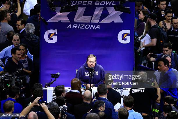 Head coach Bill Belichick addresses the media at Super Bowl XLIX Media Day Fueled by Gatorade inside U.S. Airways Center on January 27, 2015 in...