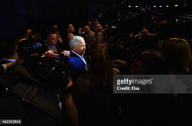 Robert Kraft chairman and CEO of the New England Patriots addresses the media at Super Bowl XLIX Media Day Fueled by Gatorade inside U.S. Airways...