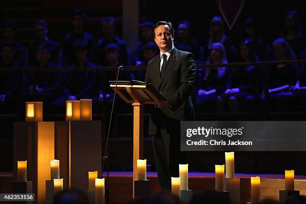 British Prime Minister David Cameron gives a speech as he attends a Holocaust Memorial Day ceremony at Central Hall Westminster on January 27, 2015...