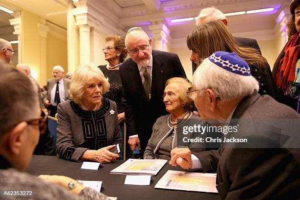 Camilla, Duchess of Cornwall meets Holocaust survivors as she attends a Holocaust Memorial Day Ceremony at Central Hall Westminster on January 27,...