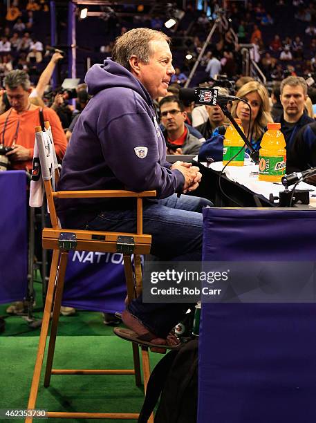 Head coach Bill Belichick of the New England Patriots addresses the media at Super Bowl XLIX Media Day Fueled by Gatorade inside U.S. Airways Center...