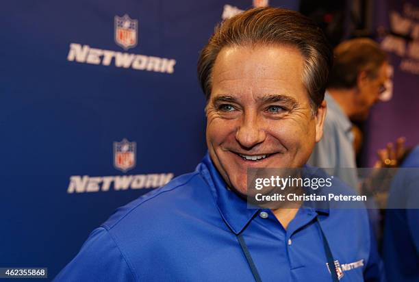 Network personality Steve Mariucci addresses the media at Super Bowl XLIX Media Day Fueled by Gatorade inside U.S. Airways Center on January 27, 2015...