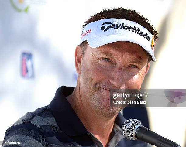 Robert Allenby chats with the media during a press conference at the Waste Management Phoenix Open, at TPC Scottsdale on January 27, 2015 in...