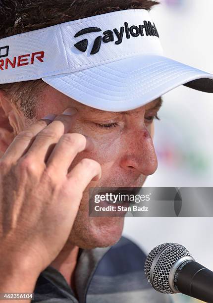 Robert Allenby chats with the media during a press conference at the Waste Management Phoenix Open, at TPC Scottsdale on January 27, 2015 in...