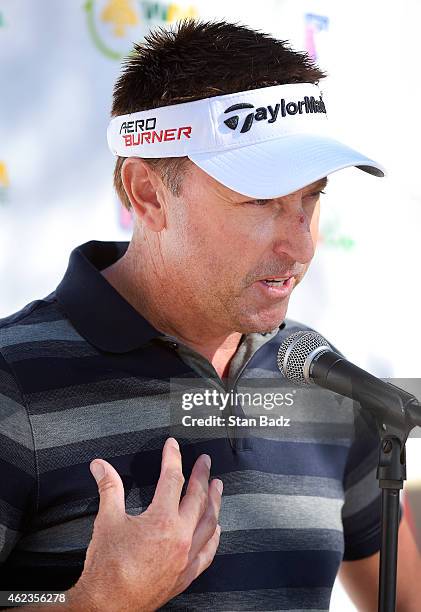 Robert Allenby chats with the media during a press conference at the Waste Management Phoenix Open, at TPC Scottsdale on January 27, 2015 in...