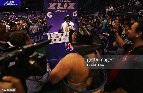 Earl Thomas of the Seattle Seahawks addresses the media at Super Bowl XLIX Media Day Fueled by Gatorade inside U.S. Airways Center on January 27,...