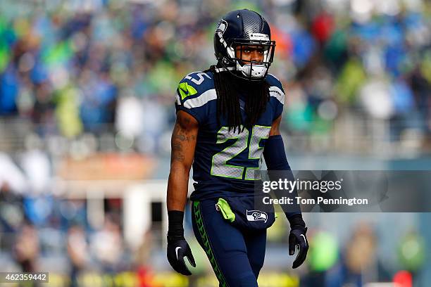 Richard Sherman of the Seattle Seahawks in action against the Green Bay Packers during the 2015 NFC Championship game at CenturyLink Field on January...