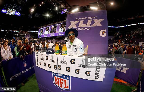 Earl Thomas of the Seattle Seahawks addresses the media at Super Bowl XLIX Media Day Fueled by Gatorade inside U.S. Airways Center on January 27,...