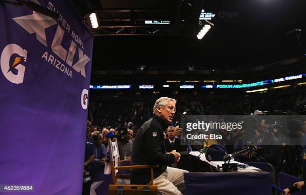 Head coach Pete Carroll of the Seattle Seahawks addresses the media at Super Bowl XLIX Media Day Fueled by Gatorade inside U.S. Airways Center on...