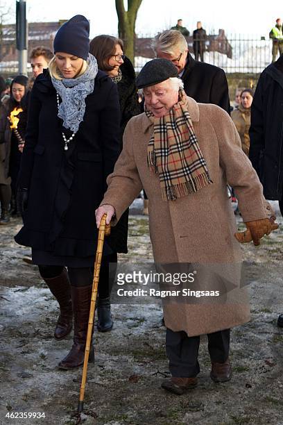 Crown Princess Mette-Marit of Norway and the last living survivor of the Norwegian Jews who were deported to Auschwitz Samuel Steinmann attend...