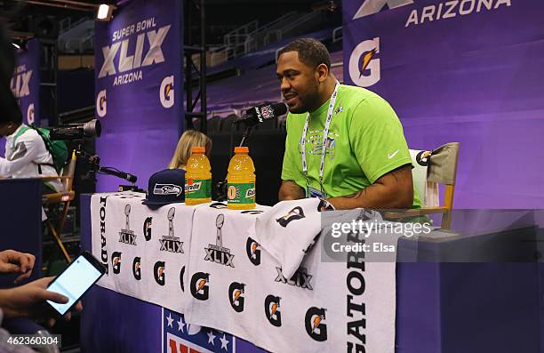 Kevin Williams of the Seattle Seahawks addresses the media at Super Bowl XLIX Media Day Fueled by Gatorade inside U.S. Airways Center on January 27,...