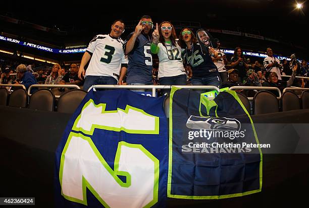 Seattle Seahawks fans show their allegiance at Super Bowl XLIX Media Day Fueled by Gatorade inside U.S. Airways Center on January 27, 2015 in...