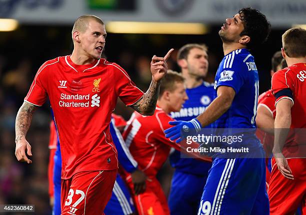 Martin Skrtel of Liverpool clashes with Diego Costa of Chelsea during the Capital One Cup Semi-Final second leg between Chelsea and Liverpool at...