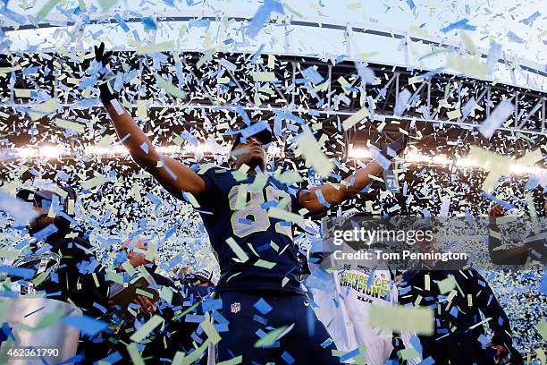 Doug Baldwin of the Seattle Seahawks celebrates after defeating the Green Bay Packers in during the 2015 NFC Championship game at CenturyLink Field...