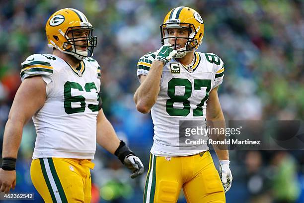 Jordy Nelson of the Green Bay Packers looks on against the Seattle Seahawks during the 2015 NFC Championship game at CenturyLink Field on January 18,...
