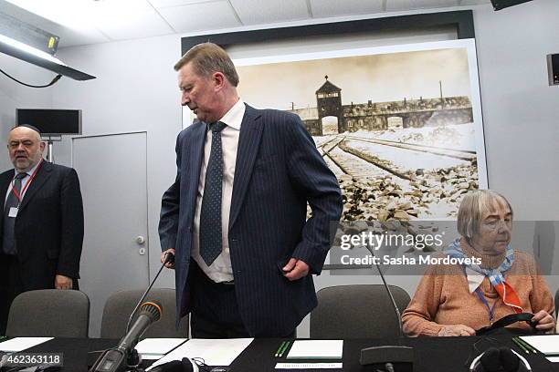 Russian Presidential Chief of Staff Sergei Ivanov holds a press comference at the Auschwitz Memorial Museum January 27, 2015 in Oswiecim, Poland....