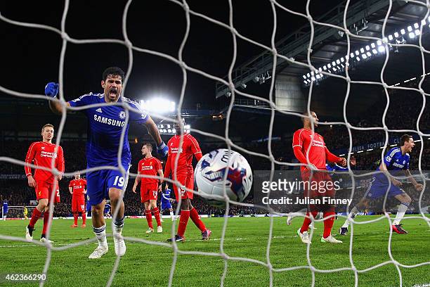 Diego Costa of Chelsea kicks the ball in the back of the net to celebrate after Branislav Ivanovic of Chelsea scored the opening goal during the...
