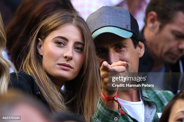 Andy Lee and Rebecca Harding watch the action at Rod Laver Arena during day nine of the 2015 Australian Open at Melbourne Park on January 27, 2015 in...