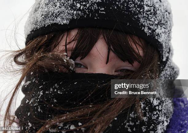 Youngster is bundled up for protection from the elements at Mattlin Middle School on January 27, 2015 in Plainview, New York. The Long Island region...